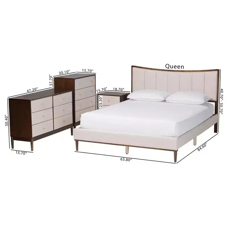 Ensemble de chambre queen 4 pièces Baxton Studio Nikolai avec tissu beige tufté capitonné et bois marron Wengé, style Mid-Century