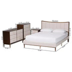 Ensemble de chambre queen 4 pièces Baxton Studio Nikolai avec tissu beige tufté capitonné et bois marron Wengé, style Mid-Century