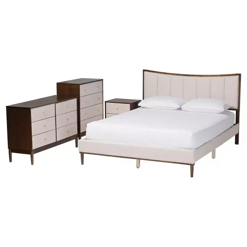 Ensemble de chambre queen 4 pièces Baxton Studio Nikolai avec tissu beige tufté capitonné et bois marron Wengé, style Mid-Century