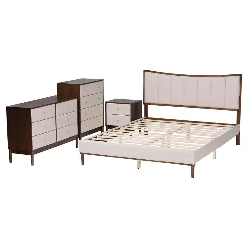 Ensemble de chambre queen 4 pièces Baxton Studio Nikolai avec tissu beige tufté capitonné et bois marron Wengé, style Mid-Century