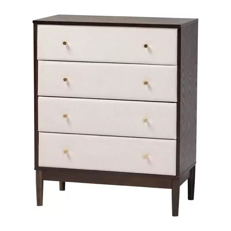 Ensemble de chambre queen 4 pièces Baxton Studio Nikolai avec tissu beige tufté capitonné et bois marron Wengé, style Mid-Century