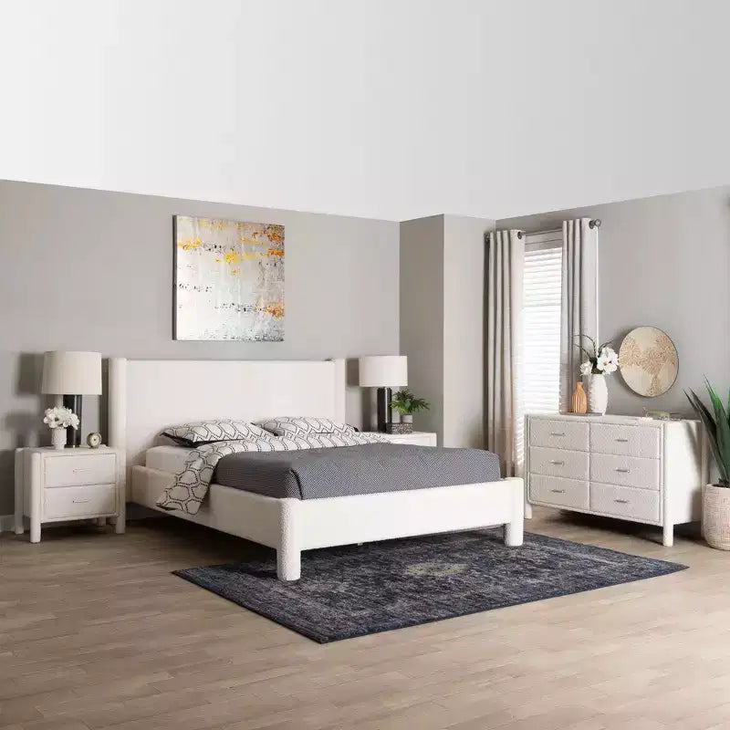 Baxton Studio Laria Modern White Teddy-Bear Fabric 4-Piece Bedroom Set