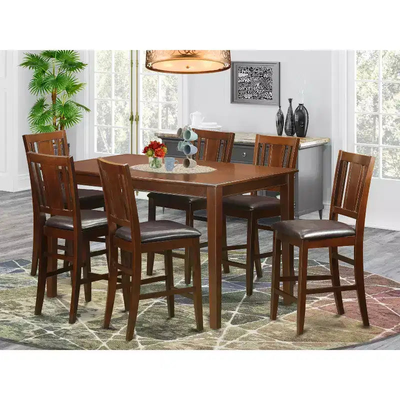 HomeStock Pub Set Counter Height Table And 6 Chairs Mahogany Finish