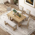 6-Piece Retro Dining Collection, Rectangular Table with Trestle Base and 4 Cushioned Chairs and 1 Bench, Ideal for Dining Rooms and Kitchens