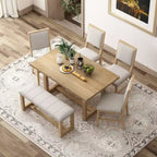 6-Piece Retro Dining Collection, Rectangular Table with Trestle Base and 4 Cushioned Chairs and 1 Bench, Ideal for Dining Rooms and Kitchens