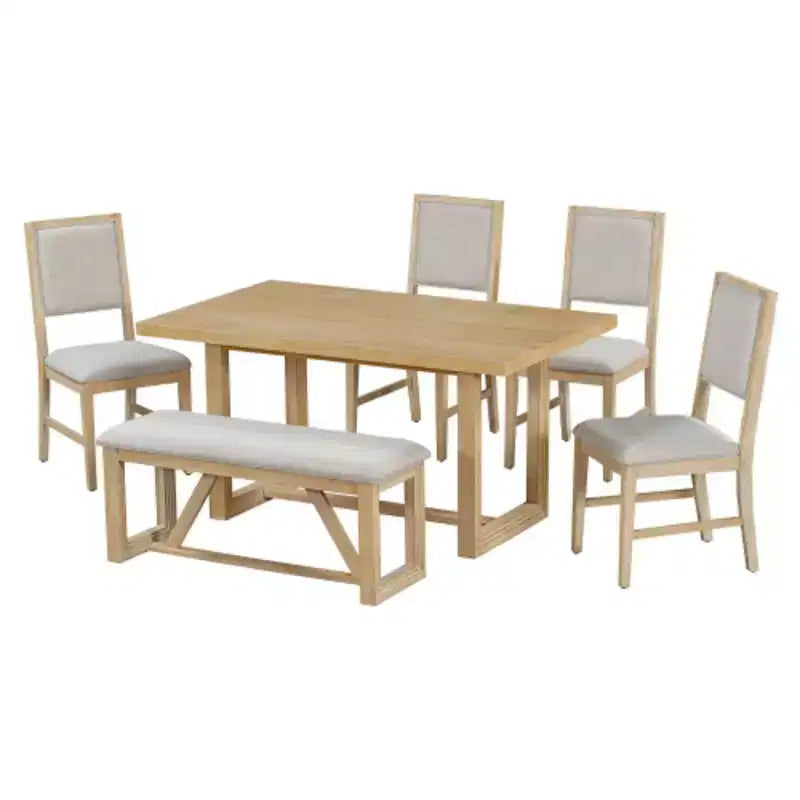Collection salle à manger rétro 6 pièces, table rectangulaire avec piètement à tréteaux, 4 chaises rembourrées et 1 banc, idéale pour les salles à manger et les cuisines