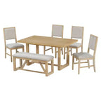 Collection salle à manger rétro 6 pièces, table rectangulaire avec piètement à tréteaux, 4 chaises rembourrées et 1 banc, idéale pour les salles à manger et les cuisines