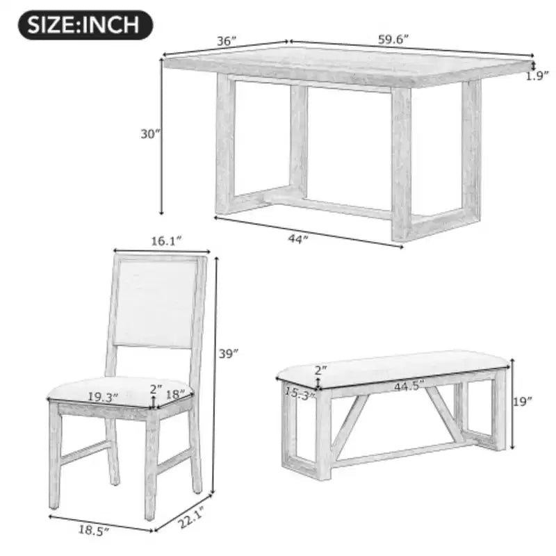 Collection salle à manger rétro 6 pièces, table rectangulaire avec piètement à tréteaux, 4 chaises rembourrées et 1 banc, idéale pour les salles à manger et les cuisines