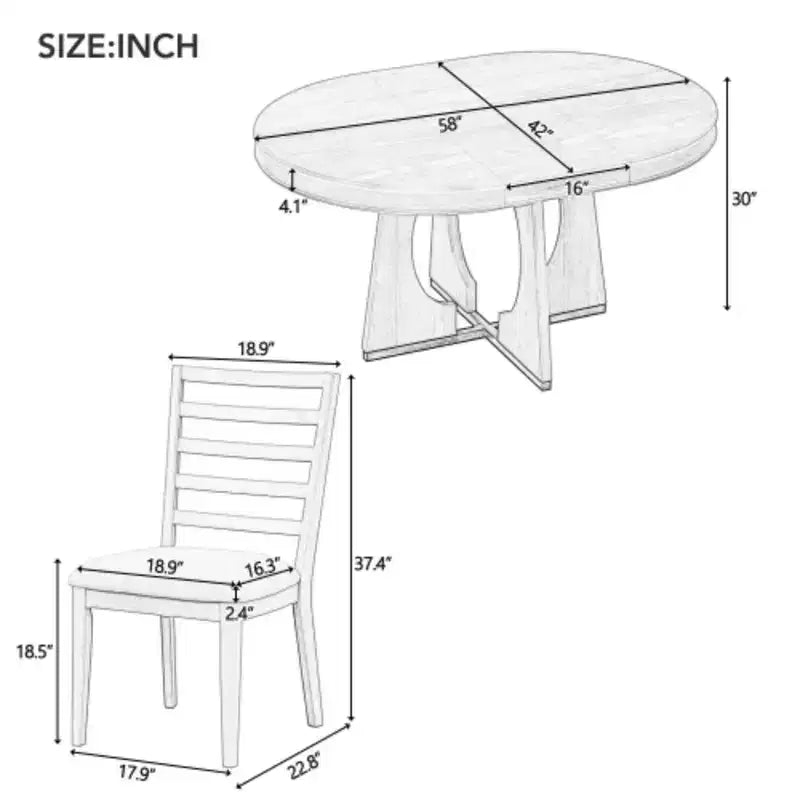 Ensemble de salle à manger 5 pièces rustique et rétro, table géométrique unique avec rallonge de 40,6 cm et 4 chaises rembourrées