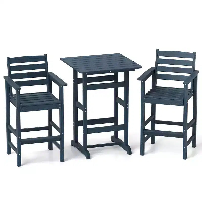 Ensemble de bar 3 pièces Costway pour terrasse, chaises de bar en PEHD avec table haute carrée, repose-pieds et dossier Bleu marine/Gris/Marron/Noir