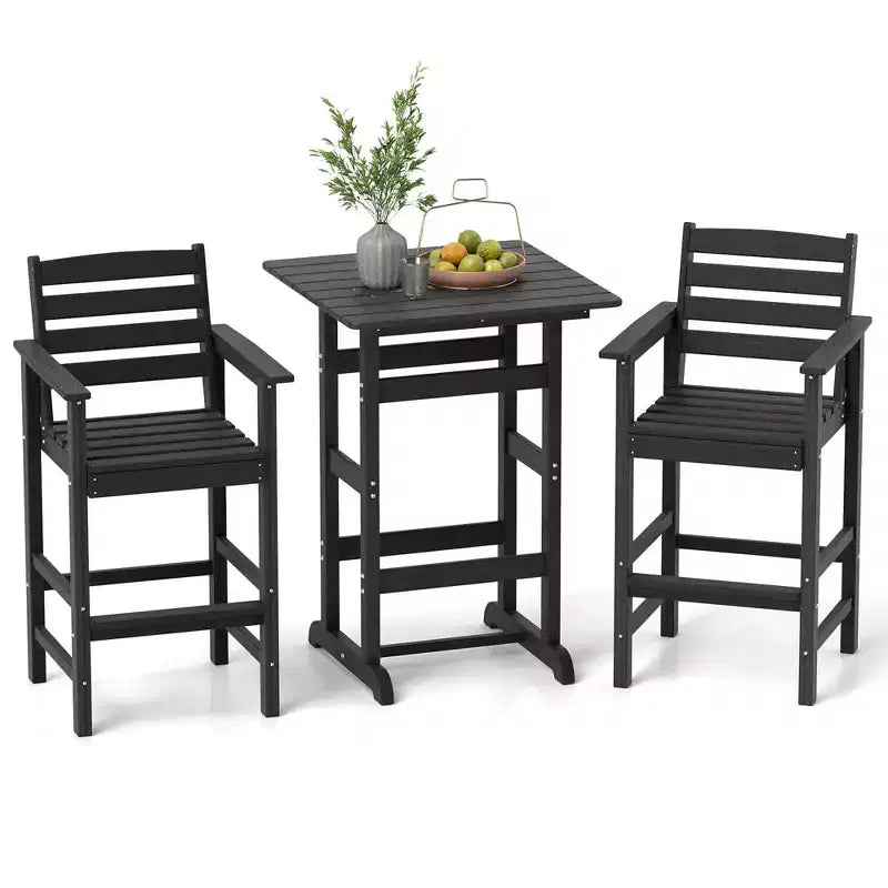 Ensemble de bar 3 pièces Costway pour terrasse, chaises de bar en PEHD avec table haute carrée, repose-pieds et dossier Bleu marine/Gris/Marron/Noir