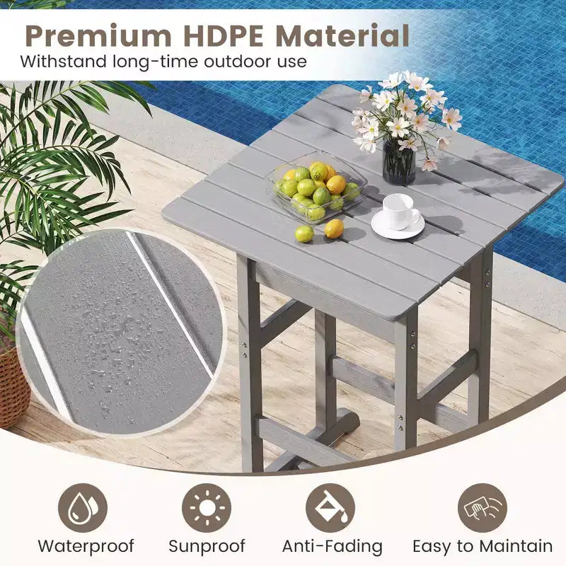 Ensemble de bar 3 pièces Costway pour terrasse, chaises de bar en PEHD avec table haute carrée, repose-pieds et dossier Bleu marine/Gris/Marron/Noir