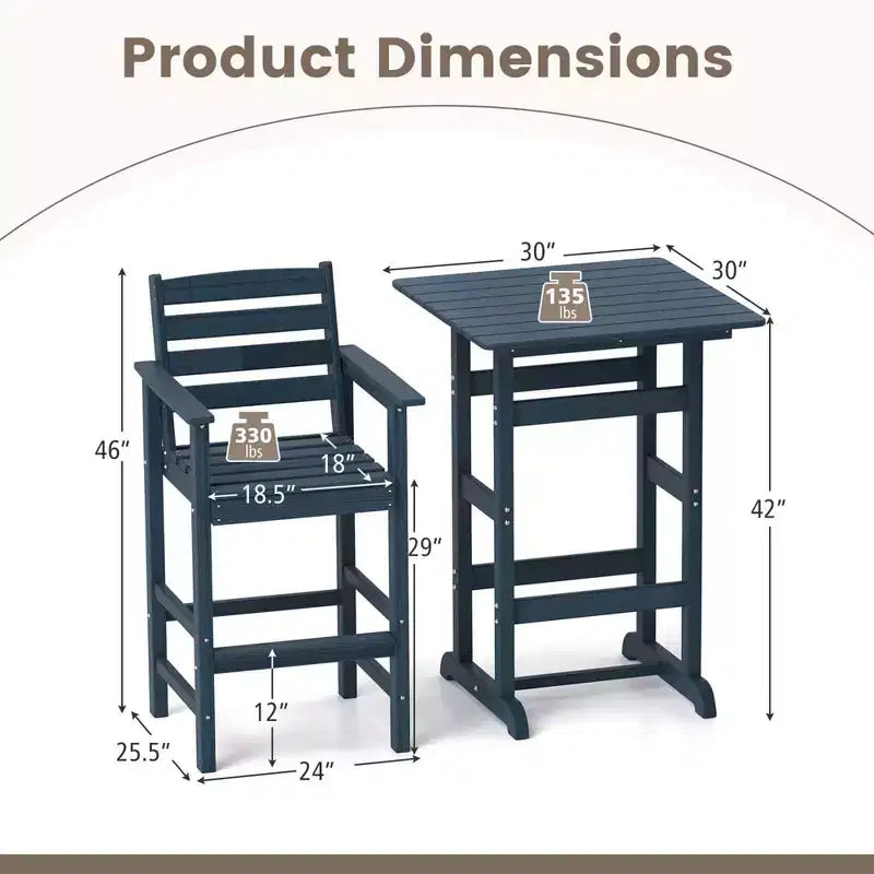 Ensemble de bar 3 pièces Costway pour terrasse, chaises de bar en PEHD avec table haute carrée, repose-pieds et dossier Bleu marine/Gris/Marron/Noir
