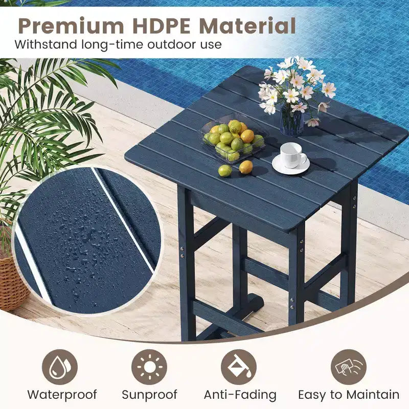 Ensemble de bar 3 pièces Costway pour terrasse, chaises de bar en PEHD avec table haute carrée, repose-pieds et dossier Bleu marine/Gris/Marron/Noir
