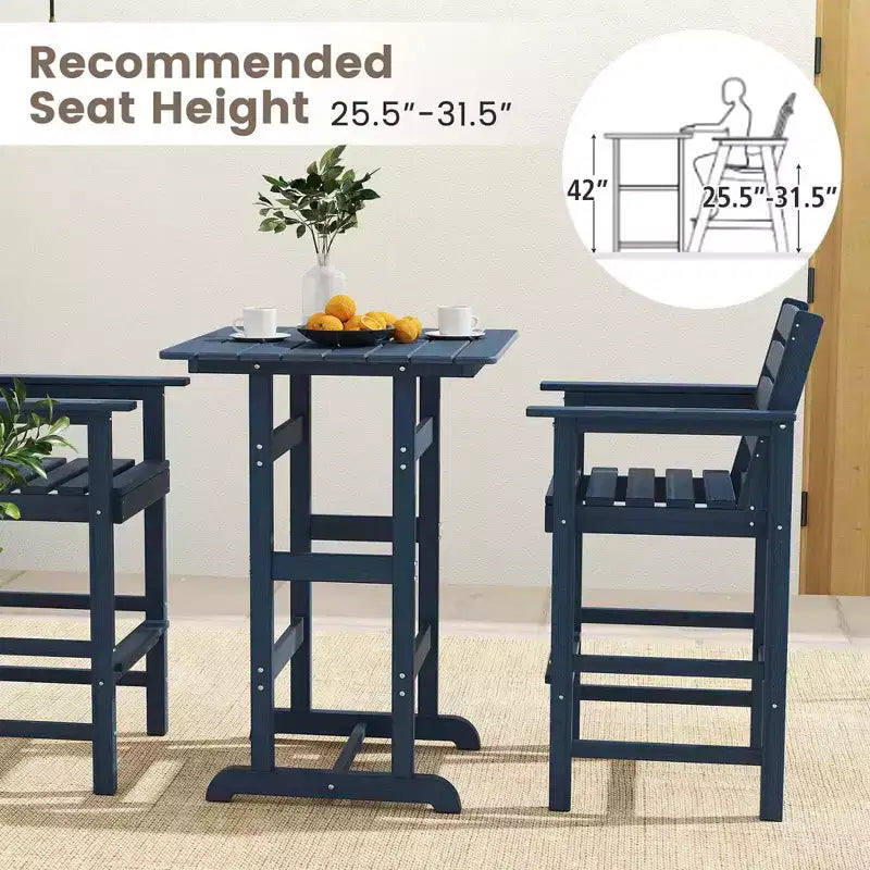Ensemble de bar 3 pièces Costway pour terrasse, chaises de bar en PEHD avec table haute carrée, repose-pieds et dossier Bleu marine/Gris/Marron/Noir