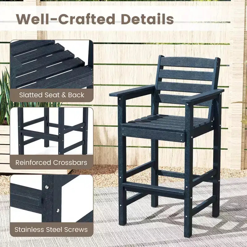 Ensemble de bar 3 pièces Costway pour terrasse, chaises de bar en PEHD avec table haute carrée, repose-pieds et dossier Bleu marine/Gris/Marron/Noir