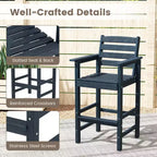 Ensemble de bar 3 pièces Costway pour terrasse, chaises de bar en PEHD avec table haute carrée, repose-pieds et dossier Bleu marine/Gris/Marron/Noir
