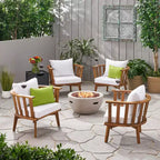 Christopher Knight Home Flagler Outdoor Acacia Wood 5 Piece Club Chair and Fire Pit Set with Cushions, Teak/White