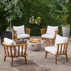 Christopher Knight Home Flagler, ensemble de 5 fauteuils et table foyer d'extérieur en bois d'acacia avec coussins, teck/blanc