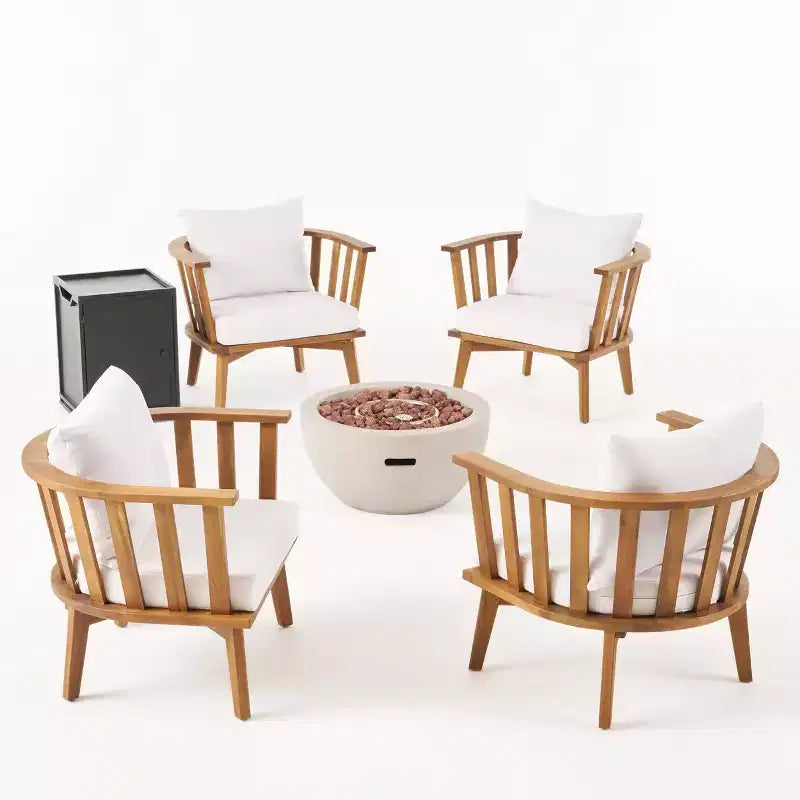 Christopher Knight Home Flagler, ensemble de 5 fauteuils et table foyer d'extérieur en bois d'acacia avec coussins, teck/blanc
