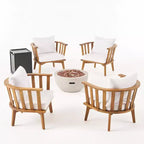 Christopher Knight Home Flagler, ensemble de 5 fauteuils et table foyer d'extérieur en bois d'acacia avec coussins, teck/blanc