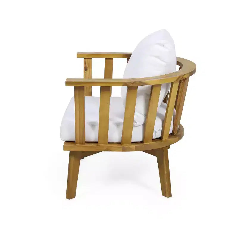 Christopher Knight Home Flagler, ensemble de 5 fauteuils et table foyer d'extérieur en bois d'acacia avec coussins, teck/blanc
