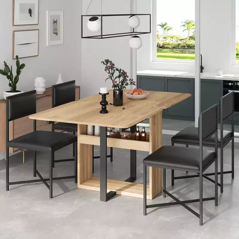 Whisen Modern 5-Piece Extendable Dining Table Set, Foldable Square Table with Leather Upholstered Chairs
