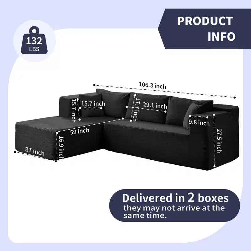 Mjkone Canapé sectionnel moderne 2 pièces 106'' en velours côtelé, à combinaison libre, en forme de L, avec siège profond, canapé-lit rembourré avec chaise longue gauche
