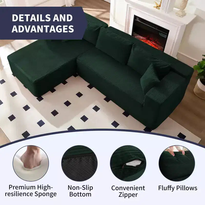 Mjkone Canapé sectionnel moderne 2 pièces 106'' en velours côtelé, à combinaison libre, en forme de L, avec siège profond, canapé-lit rembourré avec chaise longue gauche