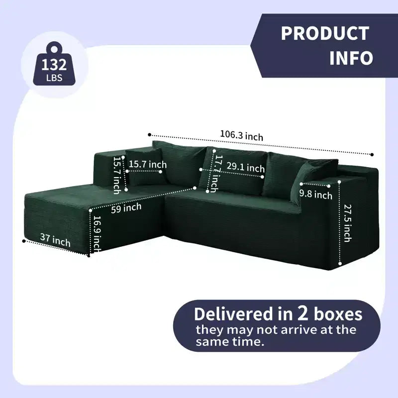 Mjkone Canapé sectionnel moderne 2 pièces 106'' en velours côtelé, à combinaison libre, en forme de L, avec siège profond, canapé-lit rembourré avec chaise longue gauche