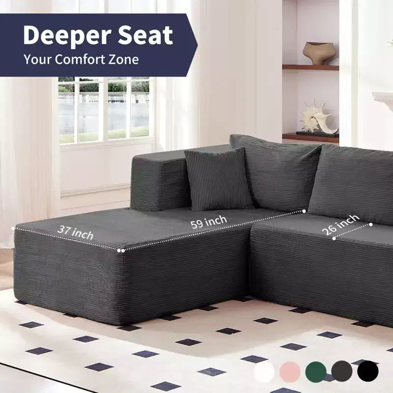 Mjkone Canapé sectionnel moderne 2 pièces 106'' en velours côtelé, à combinaison libre, en forme de L, avec siège profond, canapé-lit rembourré avec chaise longue gauche