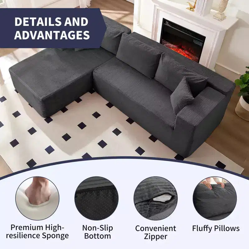 Mjkone Canapé sectionnel moderne 2 pièces 106'' en velours côtelé, à combinaison libre, en forme de L, avec siège profond, canapé-lit rembourré avec chaise longue gauche