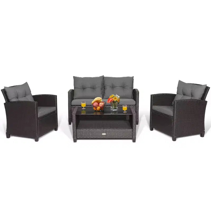 Costway Ensemble de Meubles de Patio en Rotin 4 Pièces Table en Verre Étagère Canapé Coussins Gris