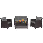 Costway Ensemble de Meubles de Patio en Rotin 4 Pièces Table en Verre Étagère Canapé Coussins Gris