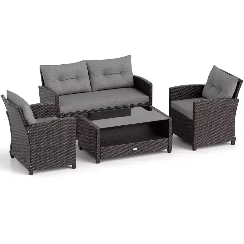 Costway Ensemble de Meubles de Patio en Rotin 4 Pièces Table en Verre Étagère Canapé Coussins Gris