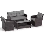 Costway Ensemble de Meubles de Patio en Rotin 4 Pièces Table en Verre Étagère Canapé Coussins Gris