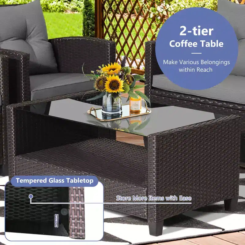 Costway Ensemble de Meubles de Patio en Rotin 4 Pièces Table en Verre Étagère Canapé Coussins Gris
