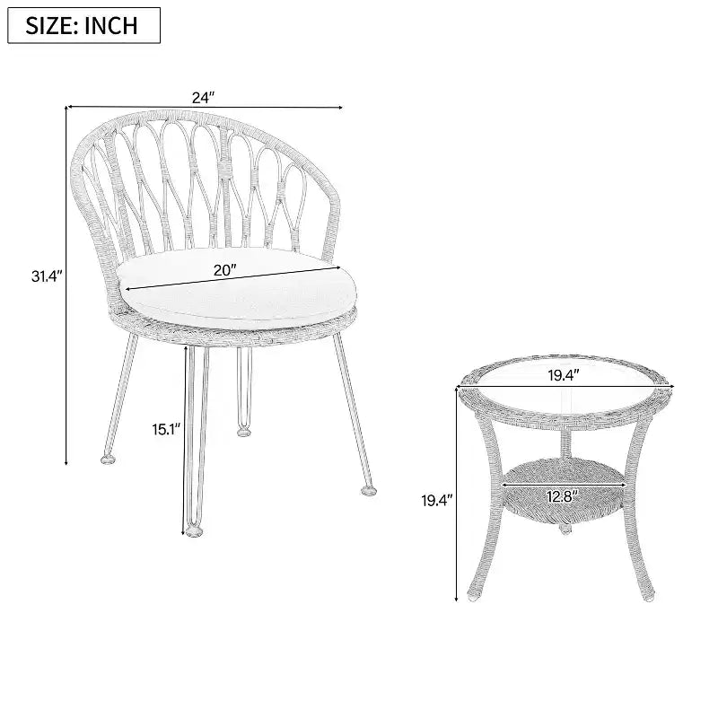 Ensemble de loisirs d'extérieur Whisen, 2 fauteuils individuels en rotin avec une table ronde en verre, idéal pour les patios, balcons et cours.