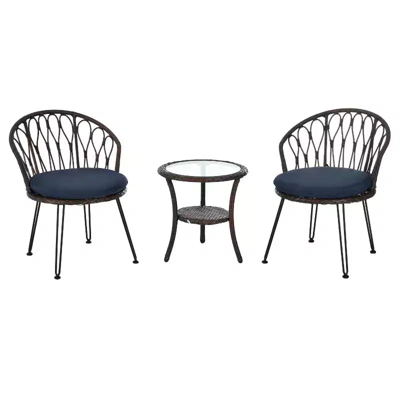 Ensemble de loisirs d'extérieur Whisen, 2 fauteuils individuels en rotin avec une table ronde en verre, idéal pour les patios, balcons et cours.