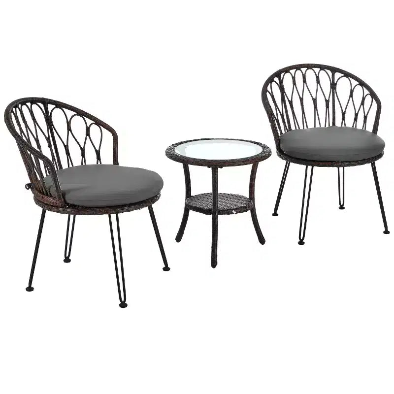Ensemble de loisirs d'extérieur Whisen, 2 fauteuils individuels en rotin avec une table ronde en verre, idéal pour les patios, balcons et cours.