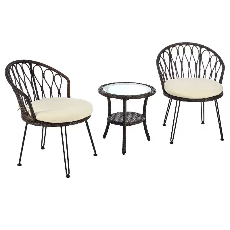 Ensemble de loisirs d'extérieur Whisen, 2 fauteuils individuels en rotin avec une table ronde en verre, idéal pour les patios, balcons et cours.