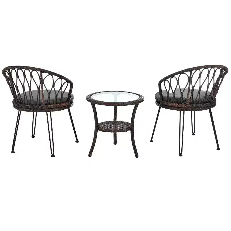 Ensemble de loisirs d'extérieur Whisen, 2 fauteuils individuels en rotin avec une table ronde en verre, idéal pour les patios, balcons et cours.