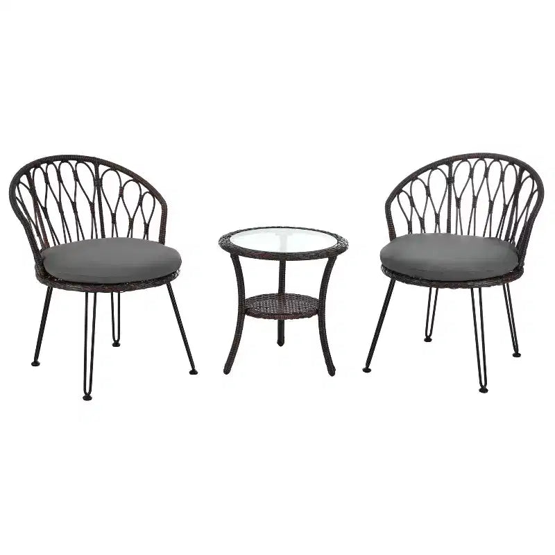 Ensemble de loisirs d'extérieur Whisen, 2 fauteuils individuels en rotin avec une table ronde en verre, idéal pour les patios, balcons et cours.