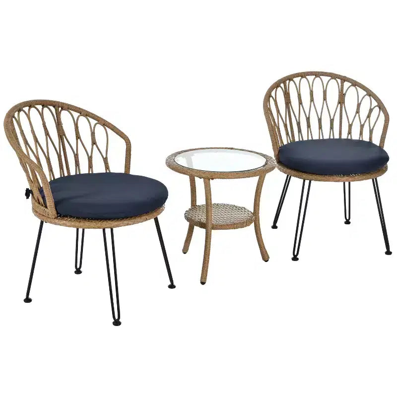 Ensemble de loisirs d'extérieur Whisen, 2 fauteuils individuels en rotin avec une table ronde en verre, idéal pour les patios, balcons et cours.