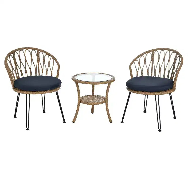 Ensemble de loisirs d'extérieur Whisen, 2 fauteuils individuels en rotin avec une table ronde en verre, idéal pour les patios, balcons et cours.