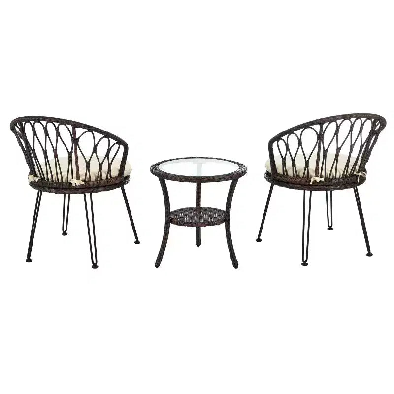 Ensemble de loisirs d'extérieur Whisen, 2 fauteuils individuels en rotin avec une table ronde en verre, idéal pour les patios, balcons et cours.