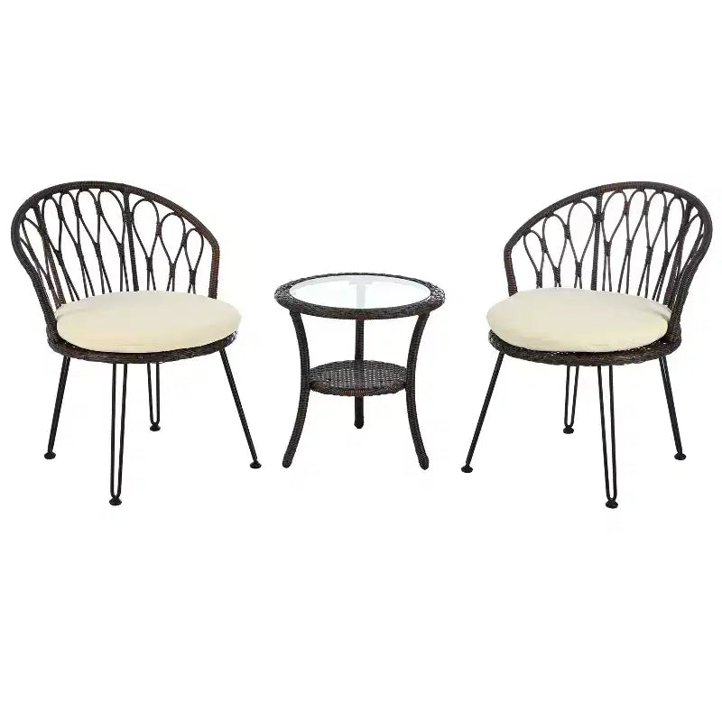 Ensemble de loisirs d'extérieur Whisen, 2 fauteuils individuels en rotin avec une table ronde en verre, idéal pour les patios, balcons et cours.