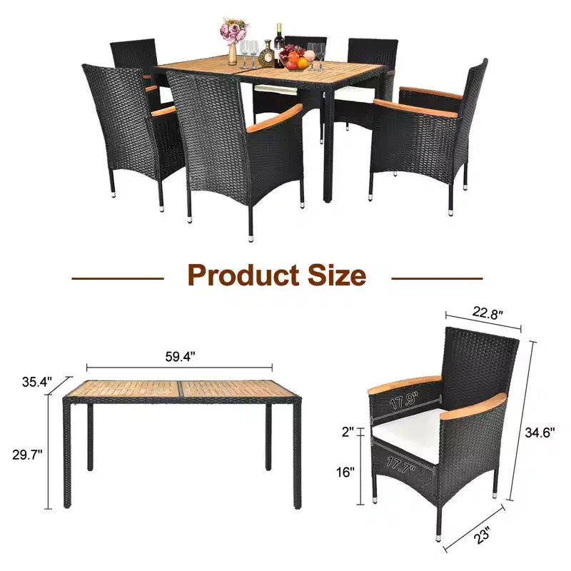 Ensemble de salle à manger d'extérieur Karl Home Black 7 pièces en osier et bois d'acacia avec coussins beiges