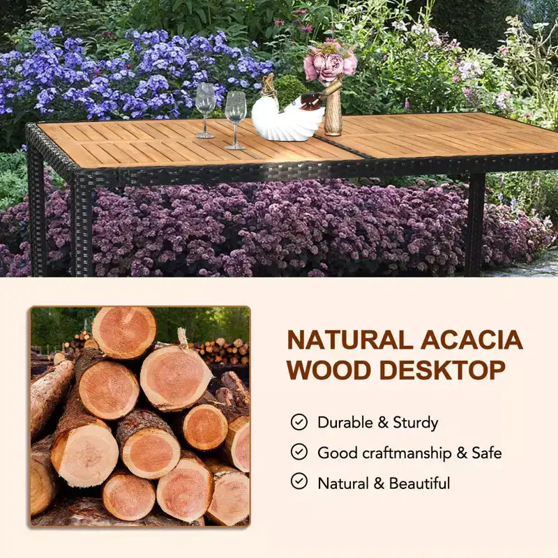 Ensemble de salle à manger d'extérieur Karl Home Black 7 pièces en osier et bois d'acacia avec coussins beiges