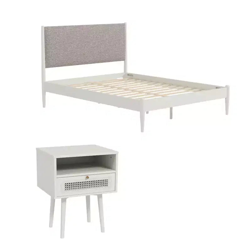 Ensemble de chambre à coucher Roundhill Furniture Feeney 2 pièces, lit plateforme avec table de chevet, blanc crème, grand lit